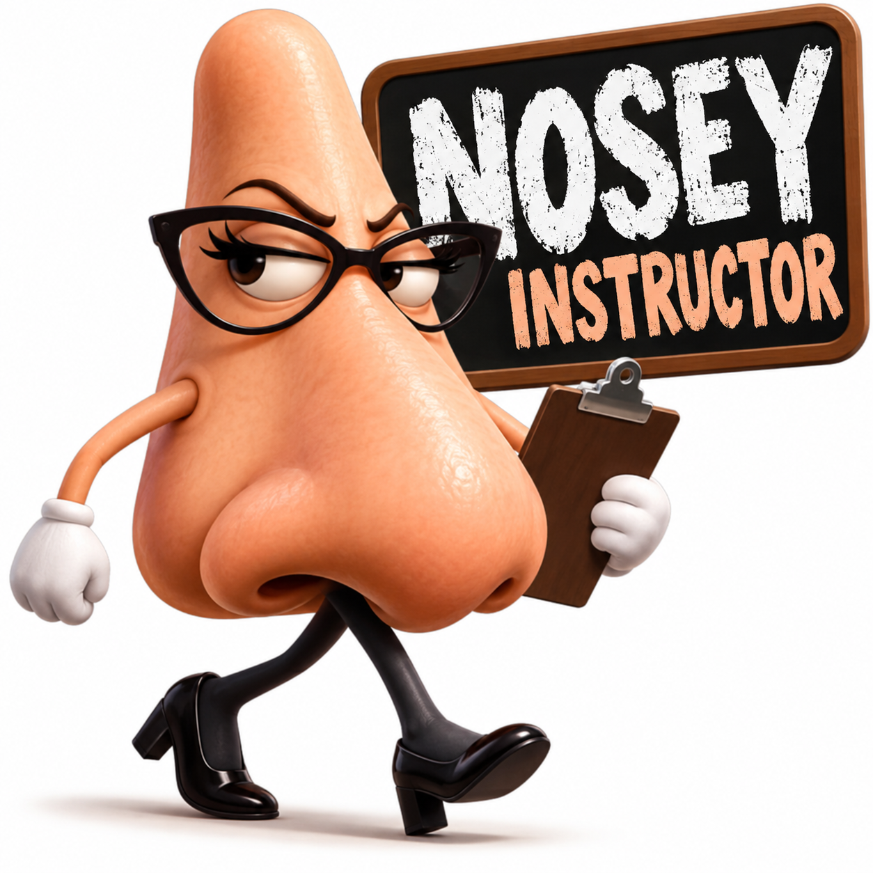 Cartoon walking nose with the words Nosey Instructor